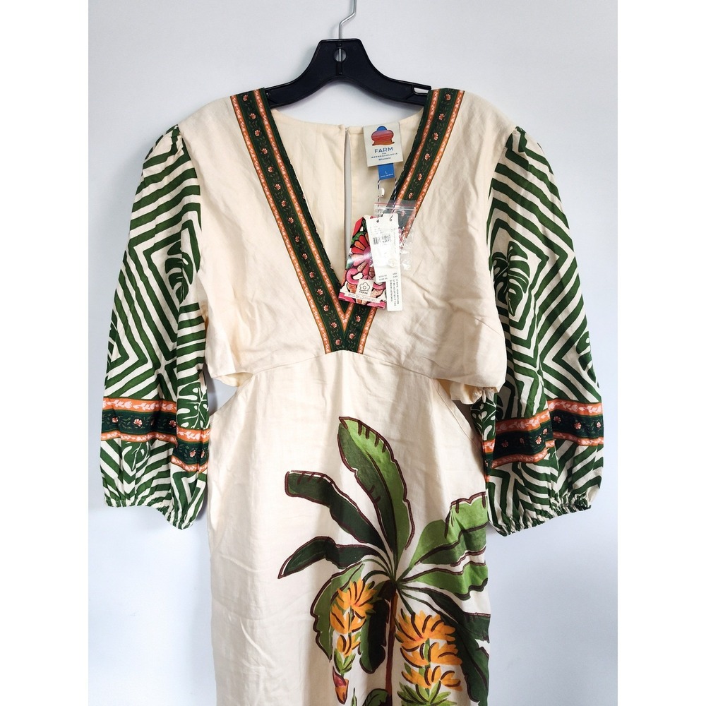 New Farm Rio Maxi Dress Large Palm Linen Blend V-Neck Cutout Puff Sleeve NWT - Picture 5 of 12